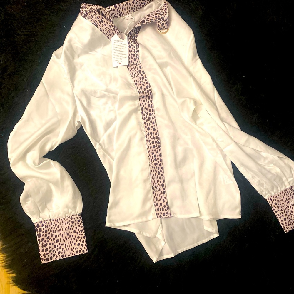 Silk Long Sleeve Blouse with Leopard Cuffs and Collar